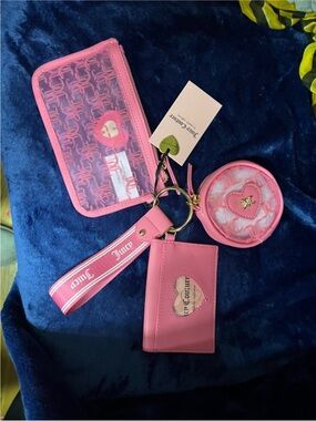 Juicy Couture Pink Cardholder, Coin Pouch & Clear Zip Wristlet Set